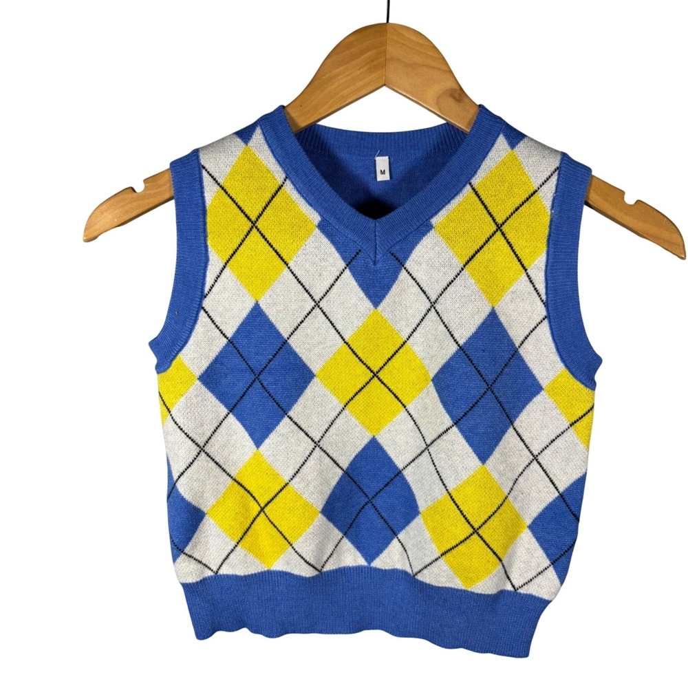 Blue Yellow Argyle V-Neck Knit Sweater Vest Striped Back Womens Size M Cropped